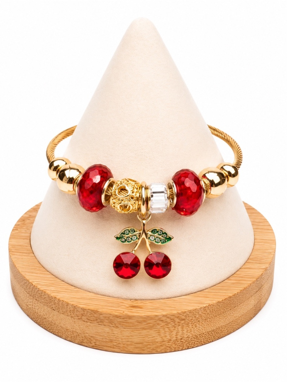 Cherry Charm Gold Tone Cable Bracelet Red Crystal Beads Adjustable NWOT Gift